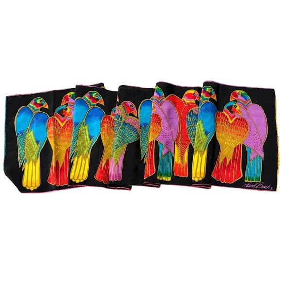 Lauren Burch Vibrant Birds Silk Scarf Multicolor Art Deco Tropical Print Black - Picture 5 of 7